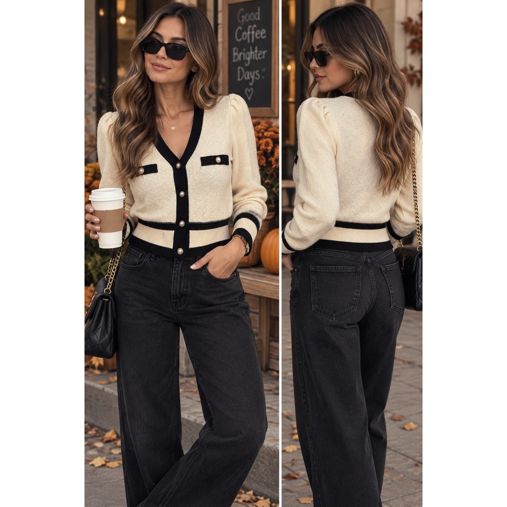 GOELIA Women's Ivory Black Contrast Knit Cardigan Pearl Buttons Wool Blend Sz L